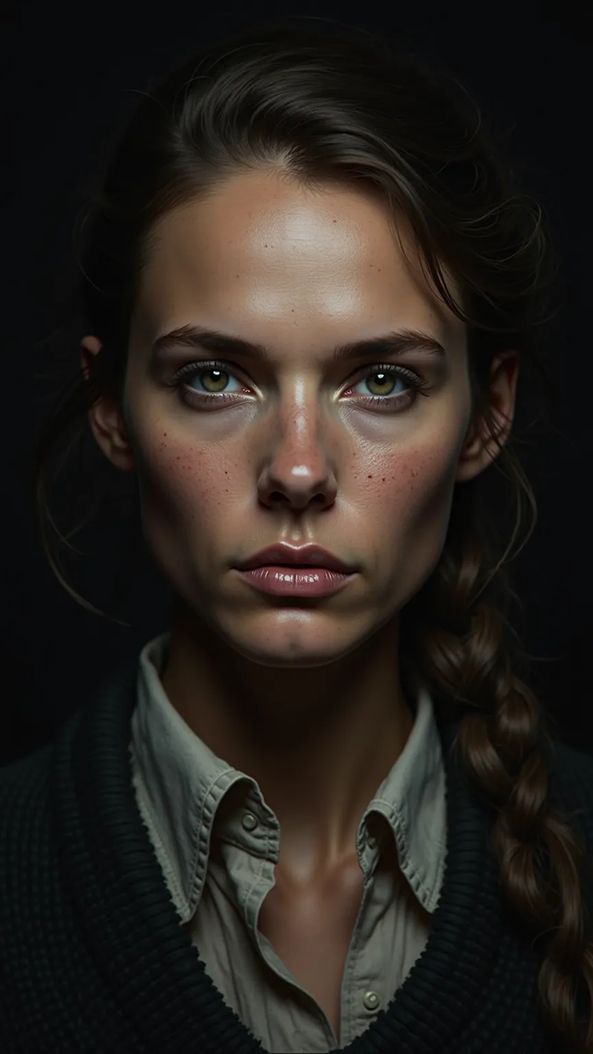 Latin phrase: "Veritas te perdet"detailed realistic portrait, serious expression, penetrating look, defined facial features, sof...