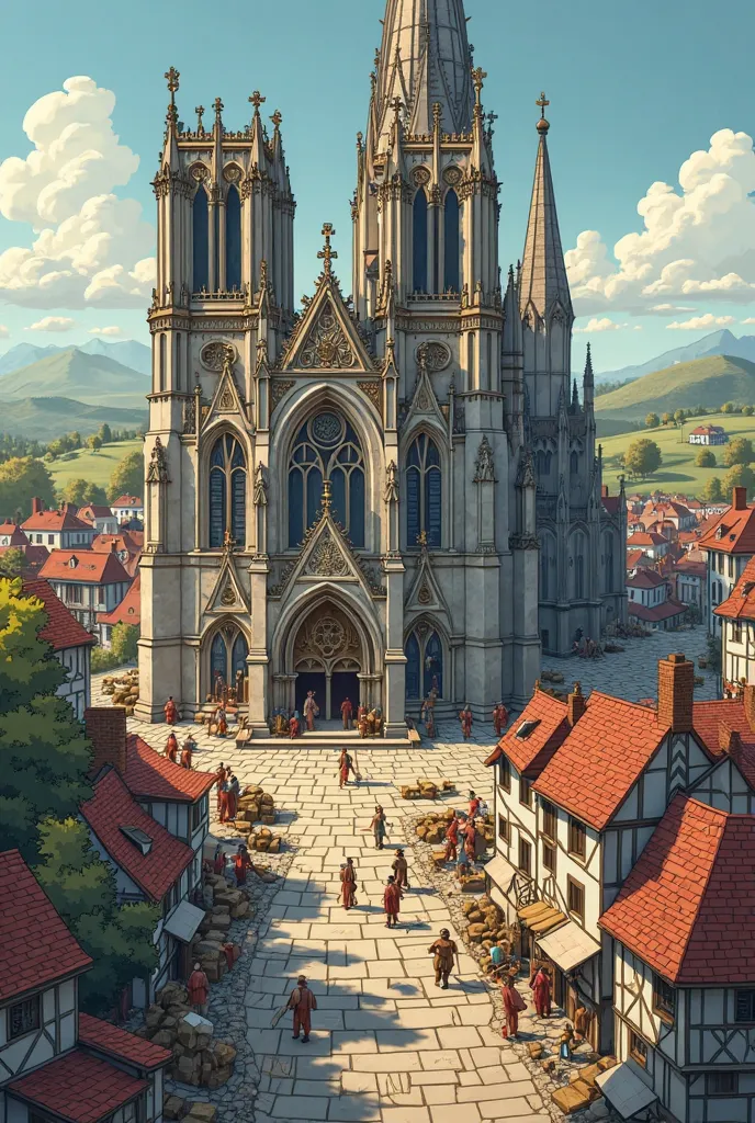 Create a picture depicting the process of building a Gothic cathedral by people in the Middle Ages. Draw a picture in cartoon ma...