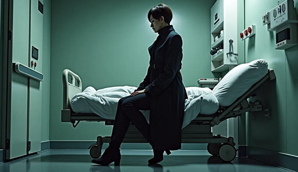 wearing a black long trench coat made of good-looking enamel、Major Kusanagi Motoko of Ghost in the Shell in a military uniform、a...