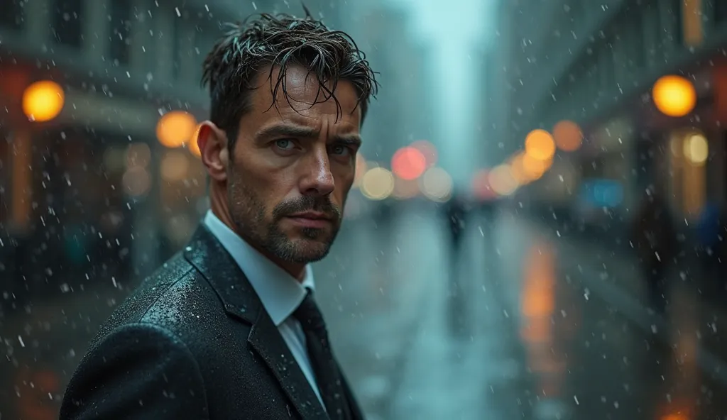 A middle-aged man, around 40 years old, with short brown hair, green eyes, pale skin, wearing a wet gray business suit, standing...