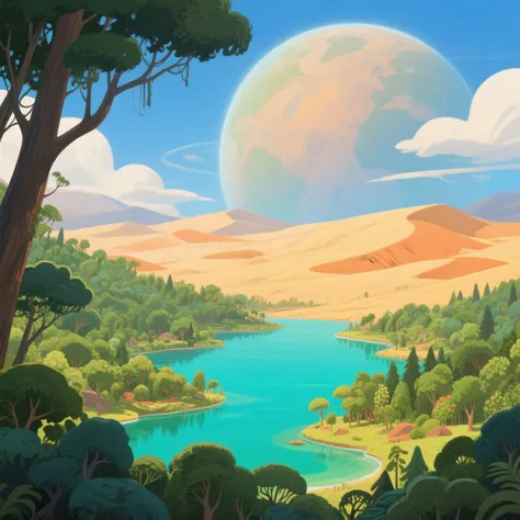Create an image of a forested planet, with lakes and a large desert in a picturesque style
