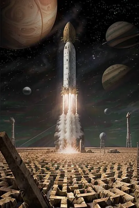 A scene where all humans and aliens are having a revelation, cross-sectional view of a large rocket and surrounding planets,Maze...