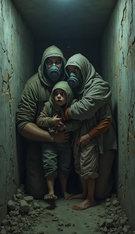 A desperate family wearing oxygen masks inside a crumbling bunker, outside the sky is turning black as the atmosphere vanishes, ...