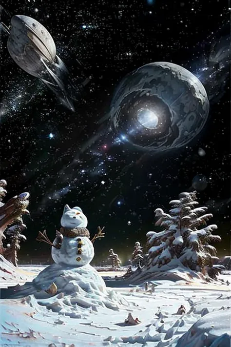 A snowy landscape in outer space、snowman、Shiba Inu、 boy
