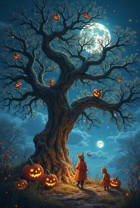 A mysterious and realistic Halloween night scene。A huge, old tree is wrapped in fantastic light、Translucent, sparkling leaves re...