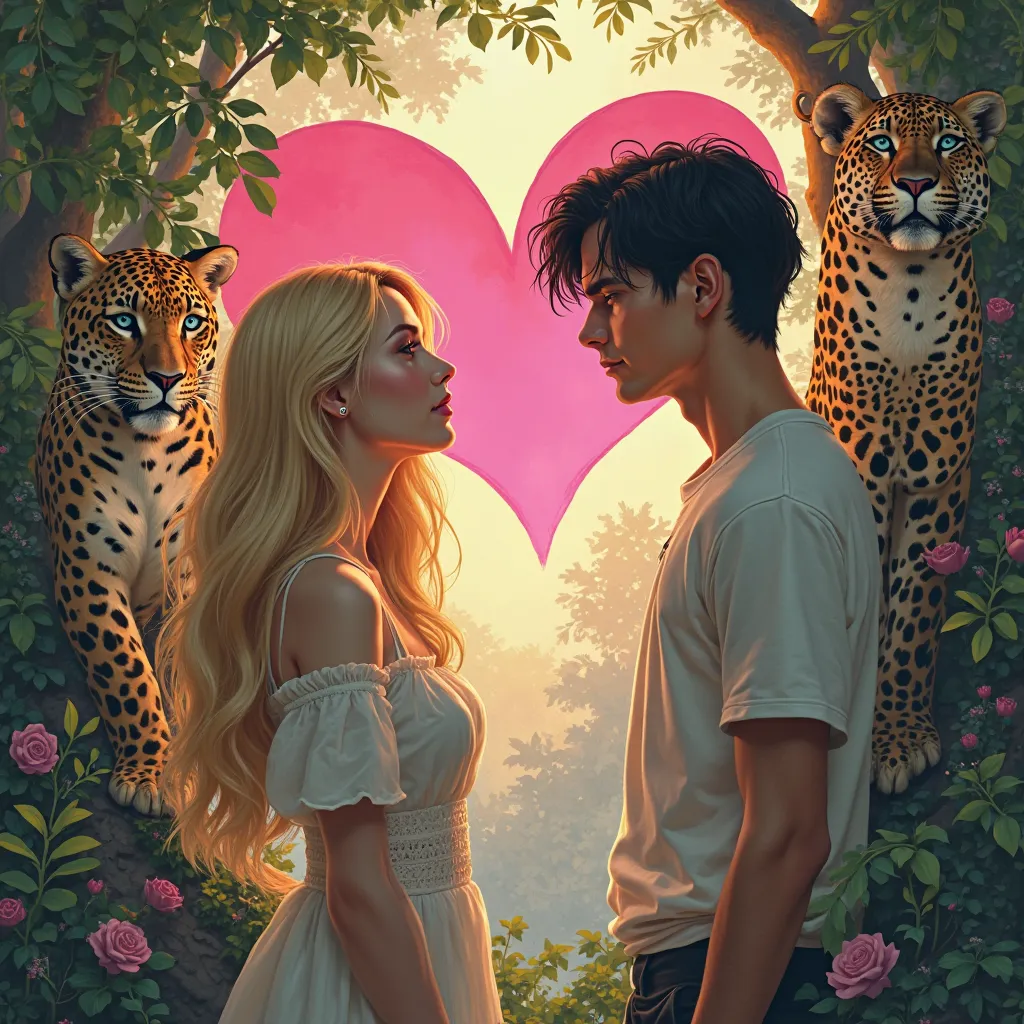 A blond woman before a man short black hair with a leopard and a pink heart