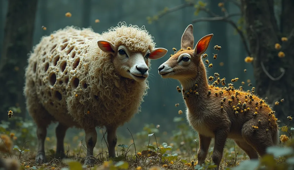 A grotesque fusion of nature and horror — a sheep covered in honeycomb-like holes filled with writhing larvae, while a muntjac’s...