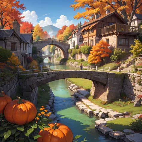 A serene autumn scene in a European town. The setting includes a stone bridge arching over a calm river, with classic architectu...