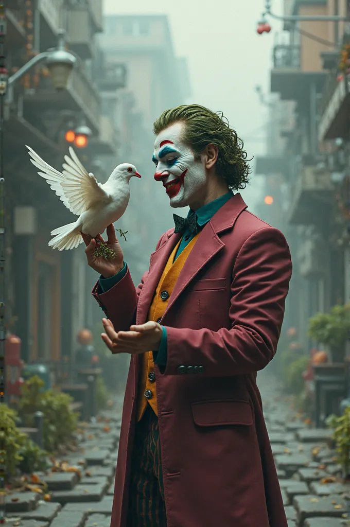 Create an image of a joker with a dove in his hand with an olive branch in his beak