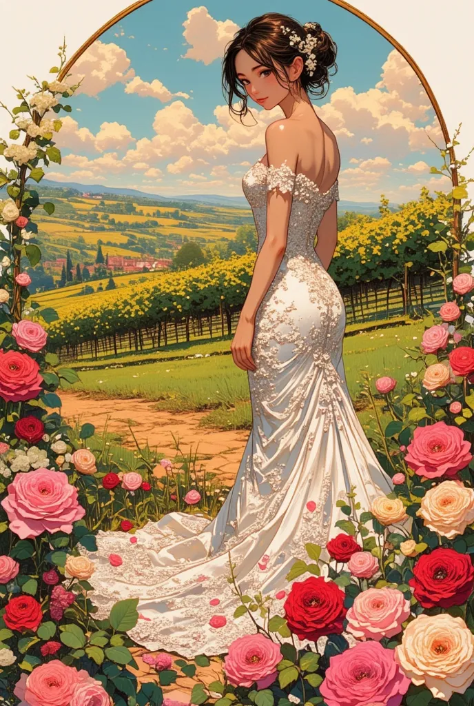 collage art of a woman in a wedding dress.  French scenic vineyard background in the silhouette of a beautiful girl.  A screen f...