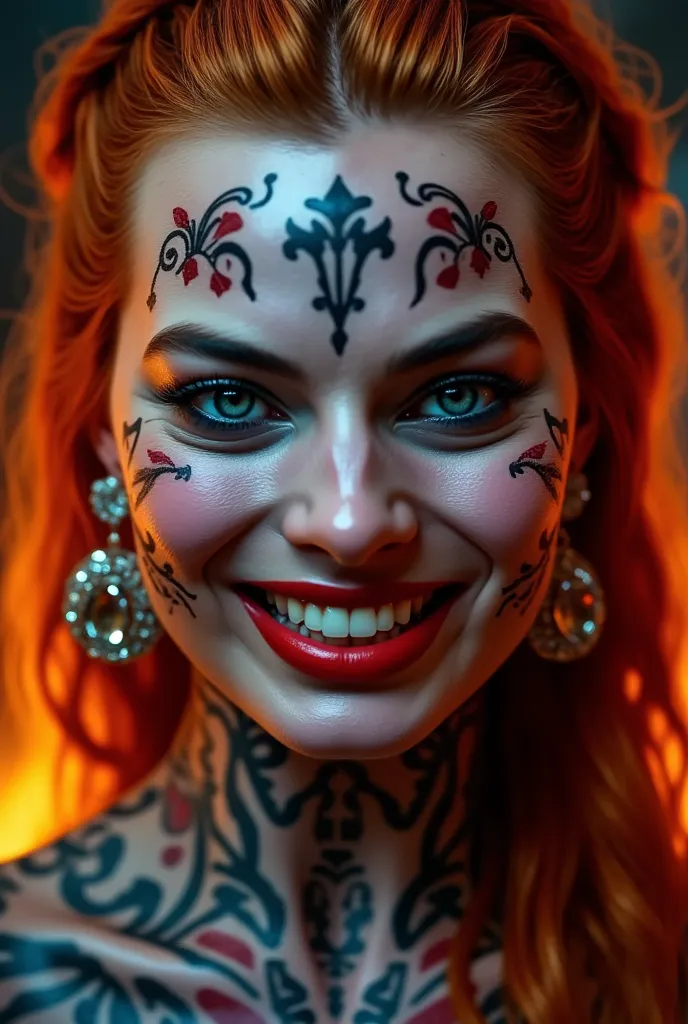 “Ultra close-up portrait of a stunning demonic queen in cinematic lighting. Her skin glows faintly under fiery ambient light. Sh...