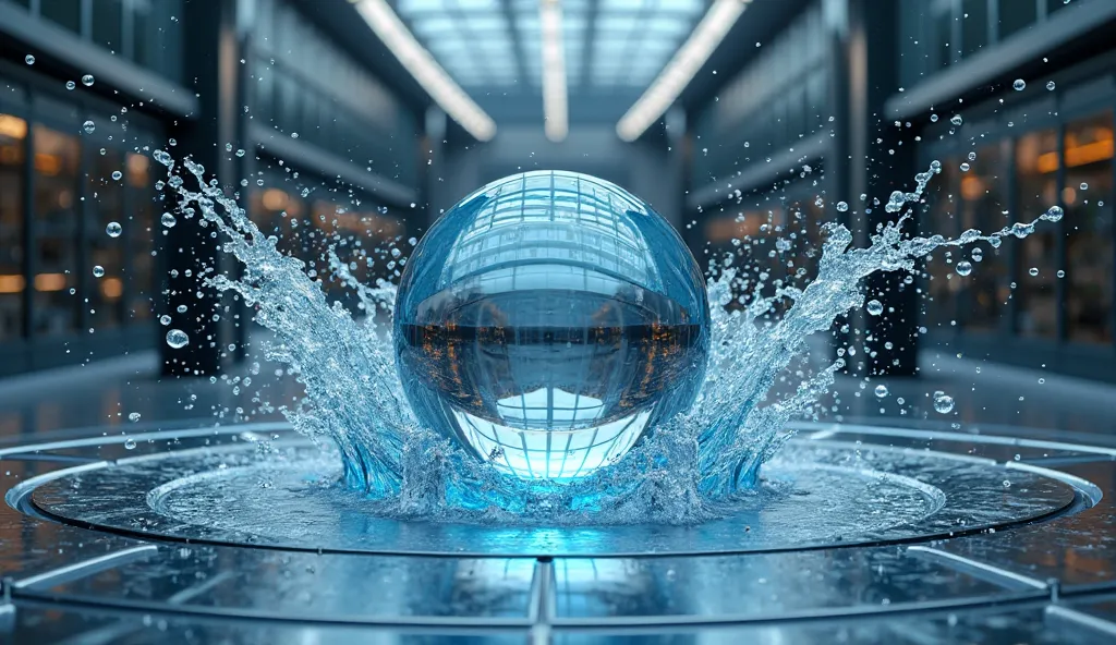 (surreal scene:1.3), (water sphere explosion:1.2), (futuristic laboratory setting:1.1), (high-speed water splash:1.3), (transpar...