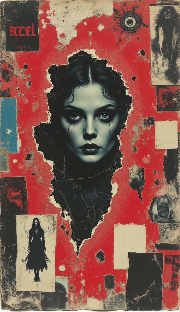 film(1929), directed by Luis Buñuel. Surreal retro collage artwork composed of cutouts from vintage horror magazines, chaotic an...