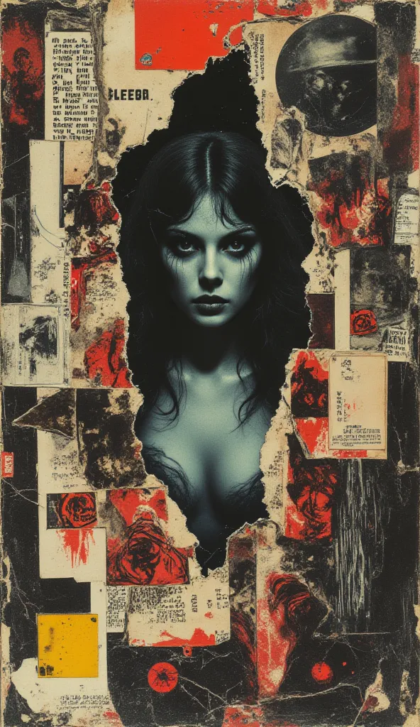 film(1929), directed by Luis Buñuel. Surreal retro collage artwork composed of cutouts from vintage horror magazines, chaotic an...