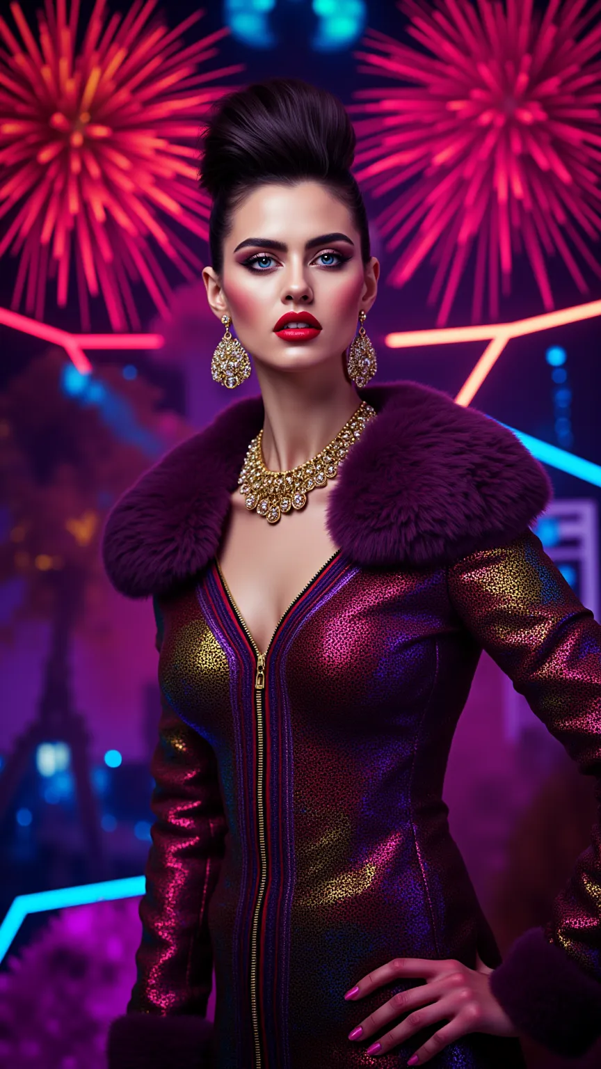 **((Mustafa Classic))** – A high-fashion studio portrait of an elegant model exuding 1980s glamour. She stands tall with strikin...