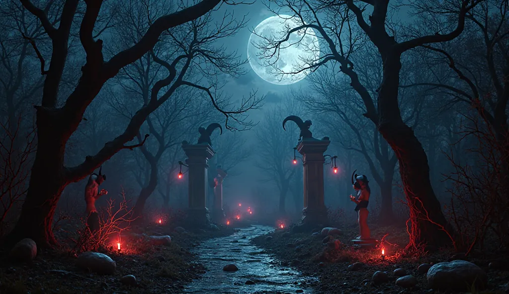 Cinematic night scene in an infernal, occult garden — moonlit, darkly enchanting, filled with succubi in shadow. Glimpses of bar...