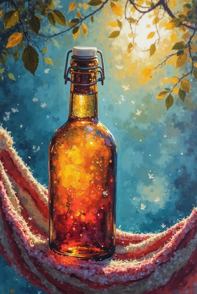 placed inside a bottle sitting in a hammock, the image has to respect these slogans: Paint it at your choice considering that it...
