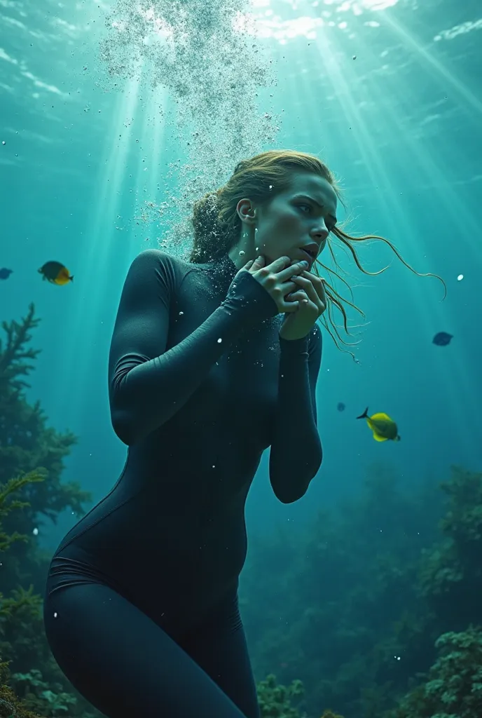 A naked girl in scuba gear chokes because she has run out of oxygen