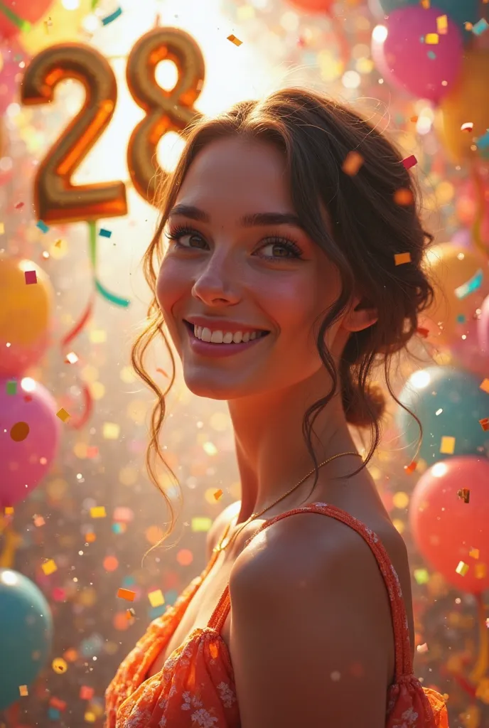 I would like to create an image of a woman with a birthday background that has the number 28