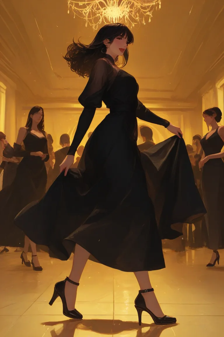 "Girl turns around in salsa, slightly tousled hair in the wind, light shimmering from the ceiling down."

"Hot dance floor with ...