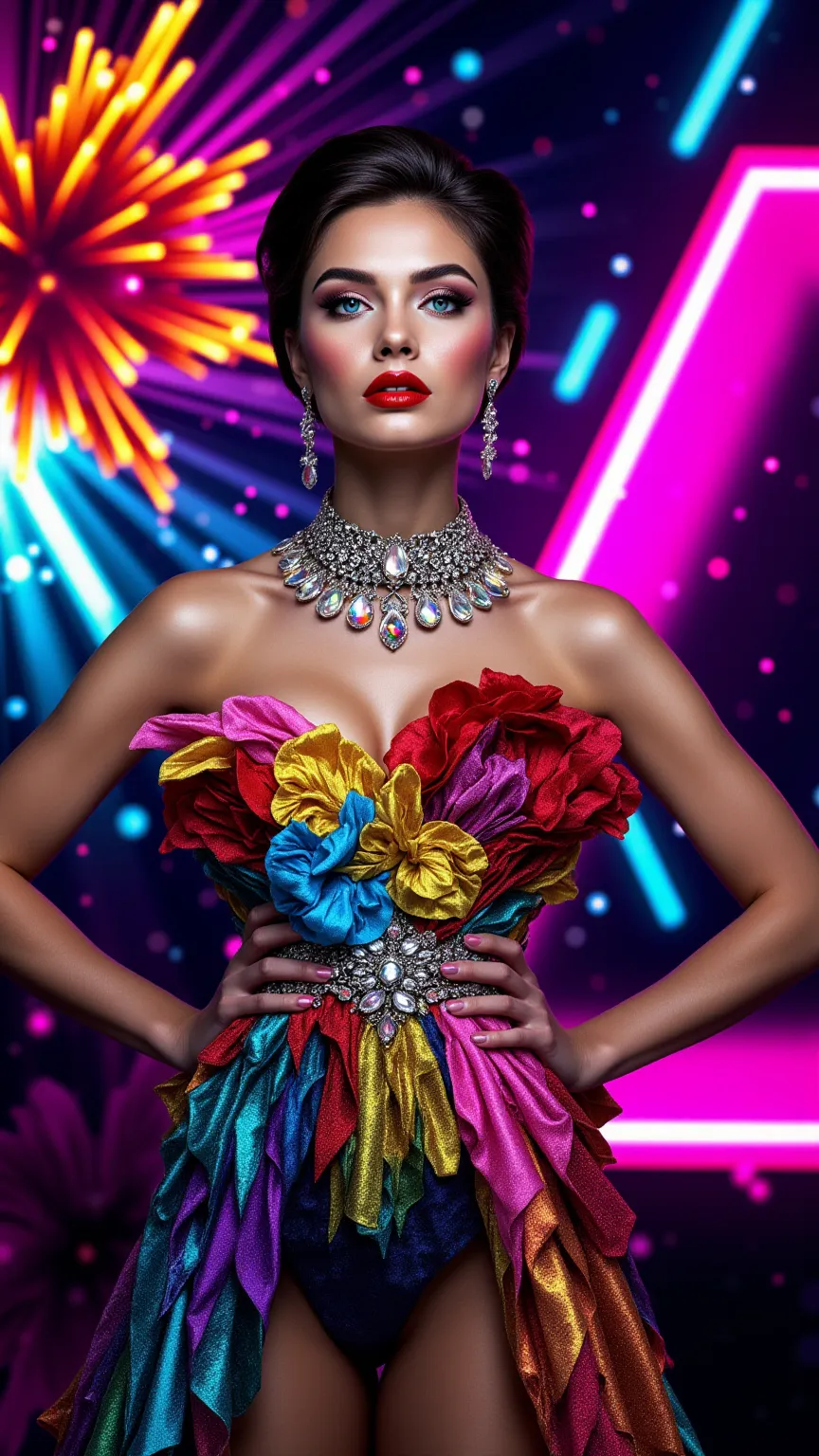 **((Mustafa Classic))** – A high-fashion studio portrait of an elegant model exuding 1980s glamour. She stands tall with strikin...
