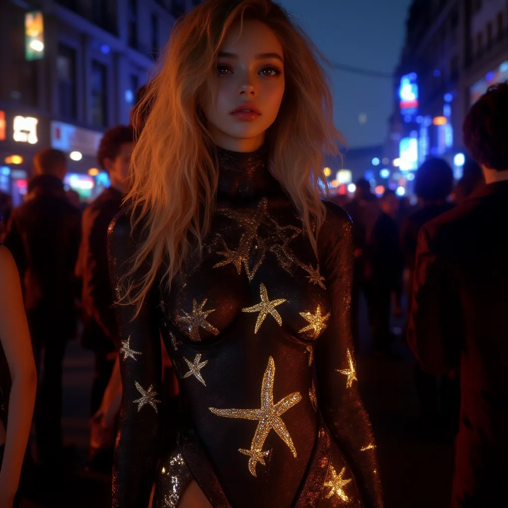 Ultra HD. 8K. RGB HUE. Lights and shadows. Realistic. Shot taken from the front. Full body shot. Fashion editorial pics. Paris, ...
