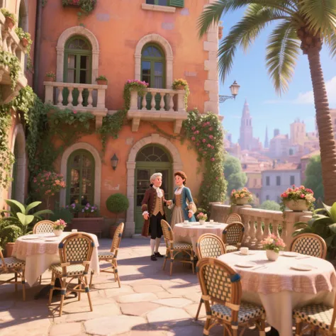 Pixar style，Charming courtyard setting，Elegant arched windows，Lush greenery with palm leaves and climbing plants，Stone railings ...
