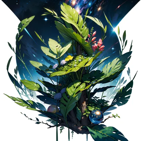 Two hands made of tree vines holding a shining seed. Background: universe