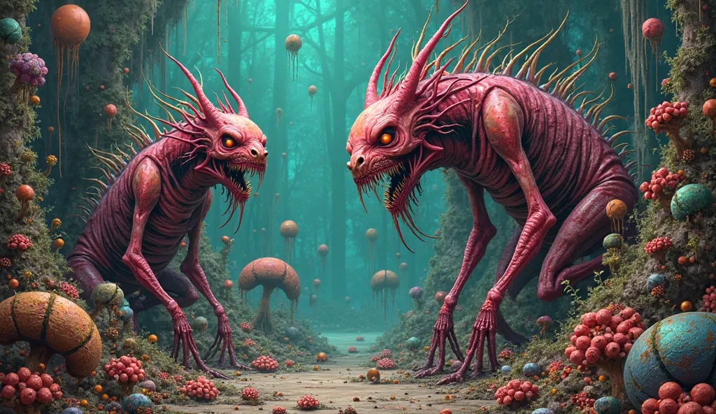 Hieronymus Bosch, Salvador Dali, random monsters, random locations, Surrealism, horrors, dark fantasy, biopunk, acid flesh