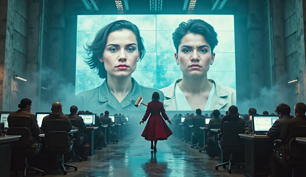 Inside a colossal dystopian control room inspired by Apple’s 1984 commercial, where towering digital screens display glitchy, pr...