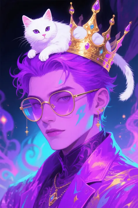 Cool bright juicy purple avatar with a painted white cat on a cat's head, a golden crown and glasses
