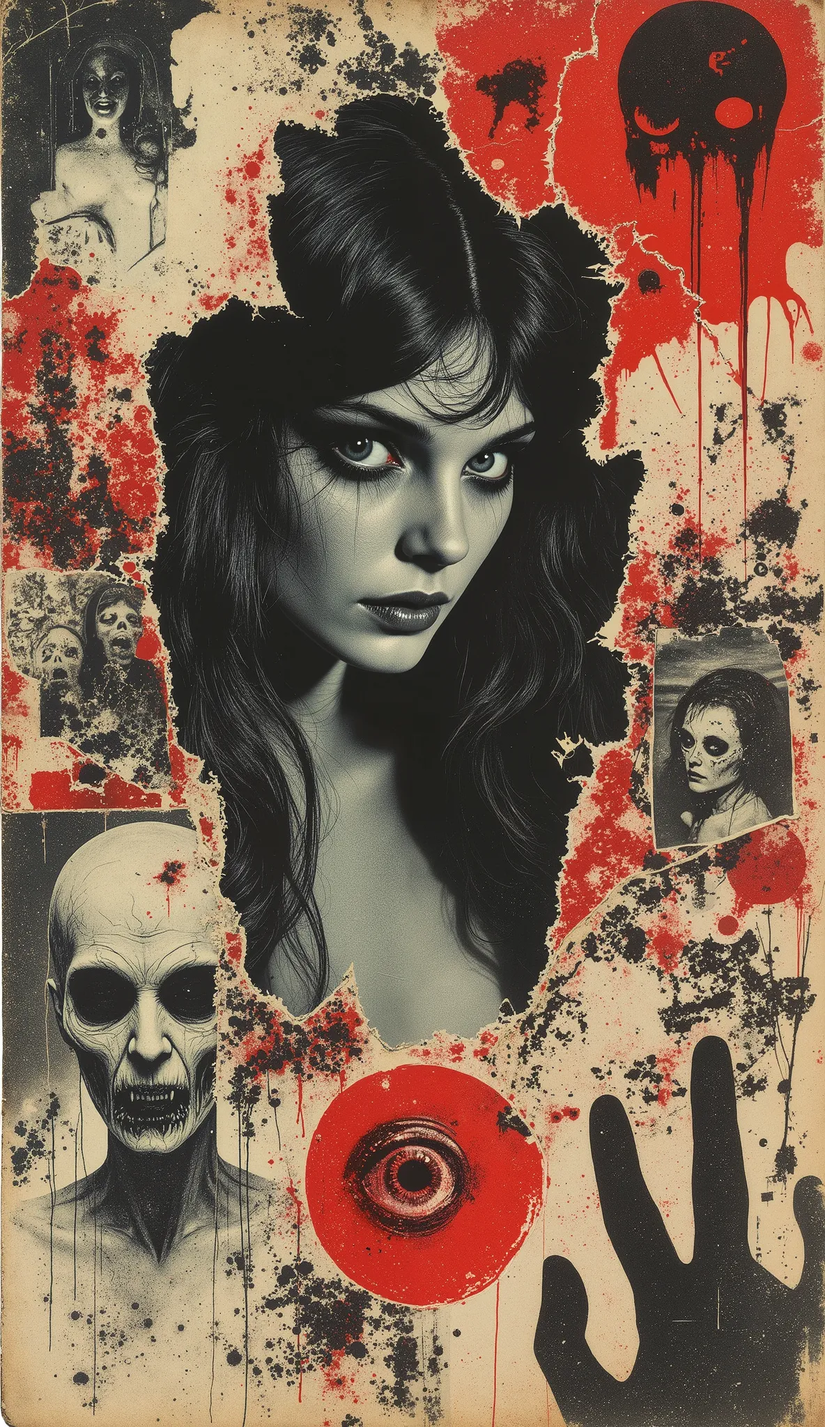 film(1929), directed by Luis Buñuel. Surreal retro collage artwork composed of cutouts from vintage horror magazines, chaotic an...