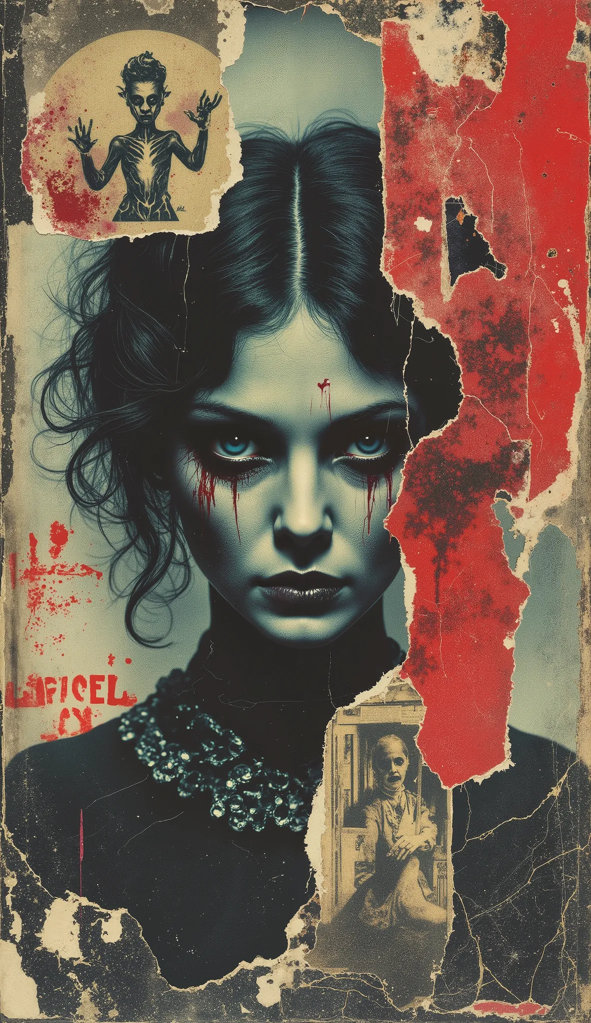 film(1929), directed by Luis Buñuel, Surreal retro collage artwork composed of cutouts from vintage horror magazines, chaotic an...