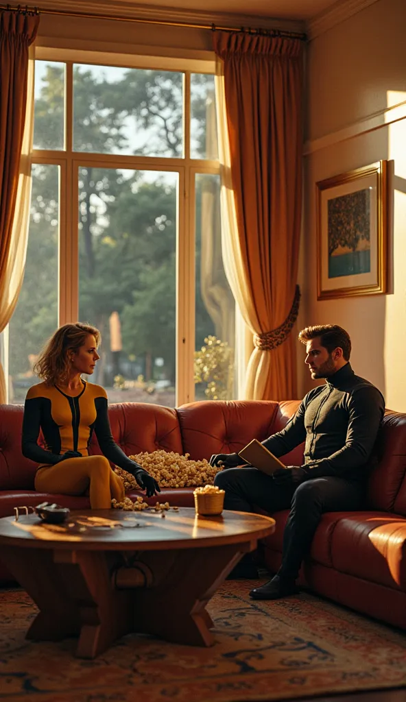 A spacious, elegant mansion living room with tall windows and futuristic tech accents. Cyclops sits on a couch with a clipboard,...