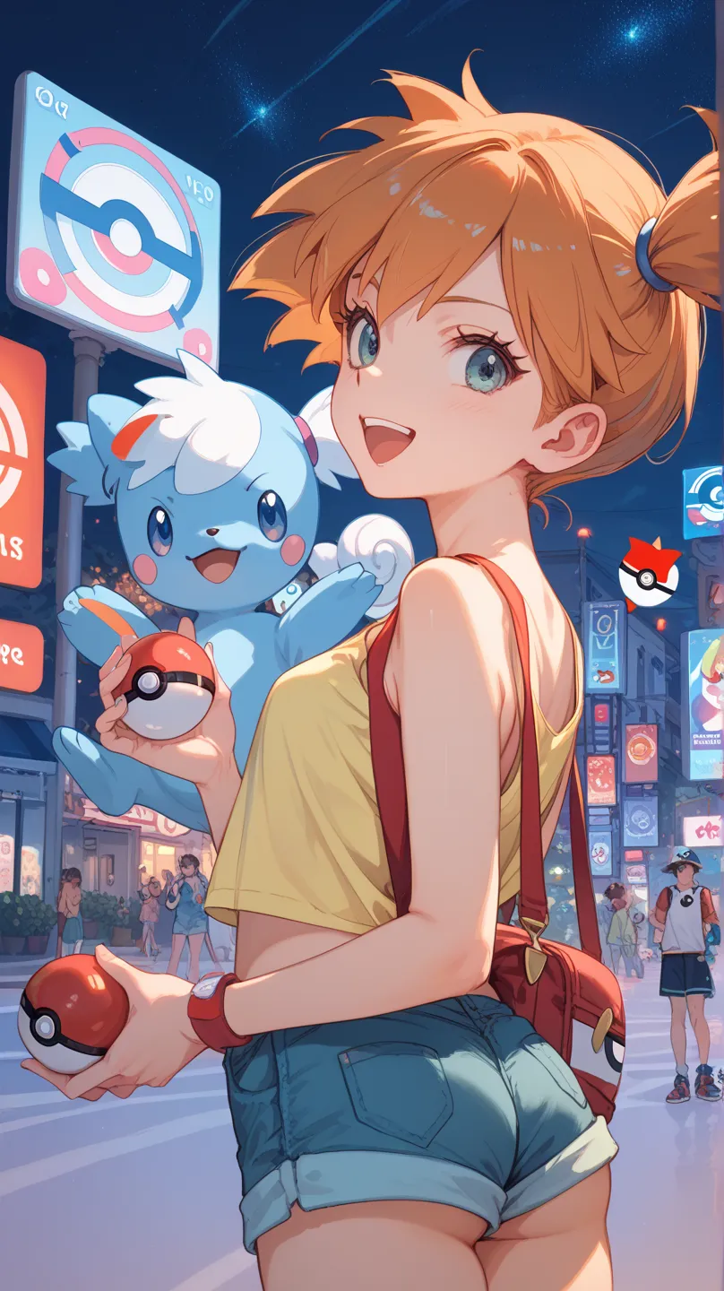  after winning against Pokémon Trainer、Misty , small,  delgado, small,  Underdeveloped body , sticker, happy, hands front catch ...