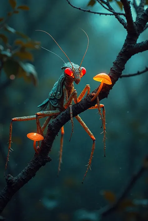 An extraterrestrial living being similar to a praying mantis with eight legs , he has red eyes glowing on a tree branch at night...