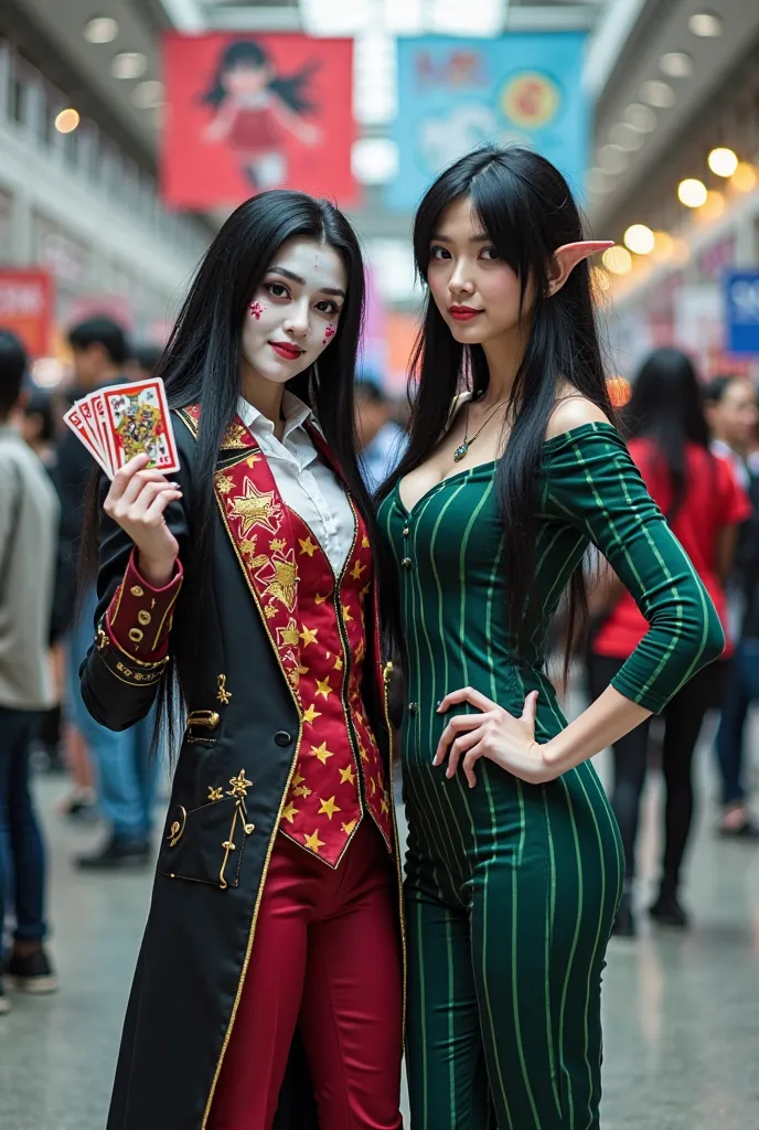 A realistic photo-style image of two people cosplaying as Hisoka and Illumi from Hunter x Hunter at Comic Con. The Hisoka cospla...