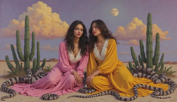 “A hyper-realistic surreal oil painting of two young women sitting on the ground, wearing long, colorful dresses with soft fabri...