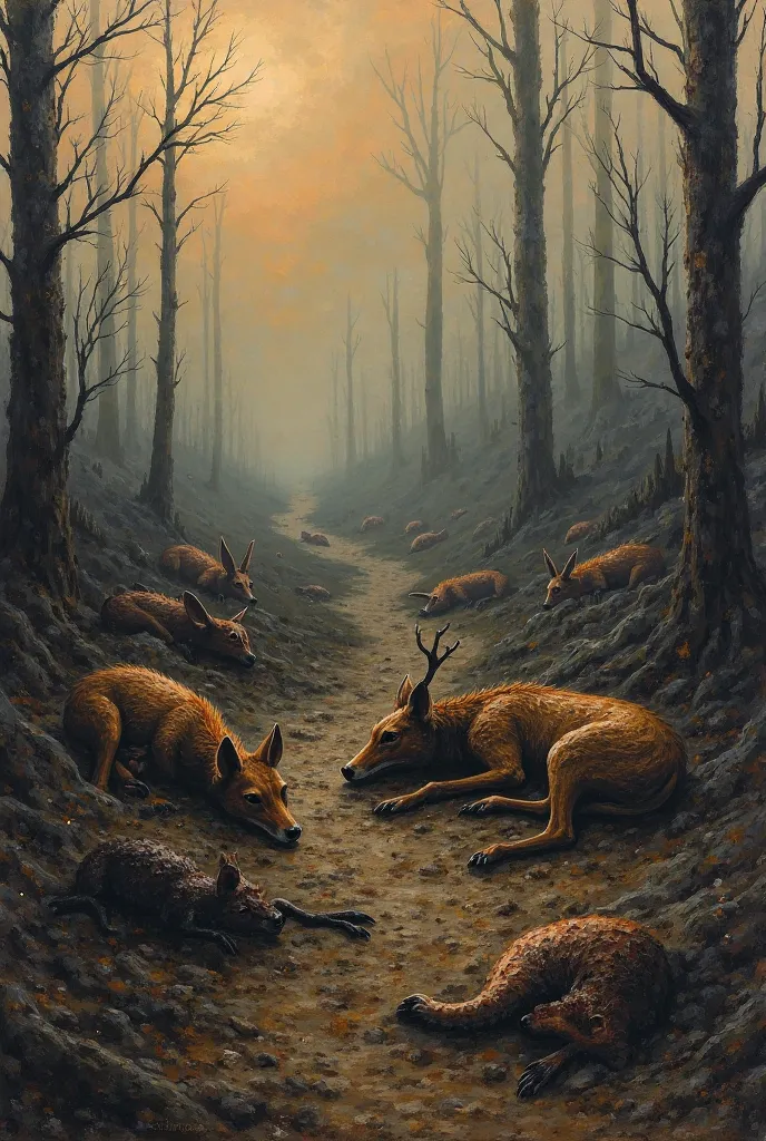 Painting of a burnt forest with animals killed by the fire