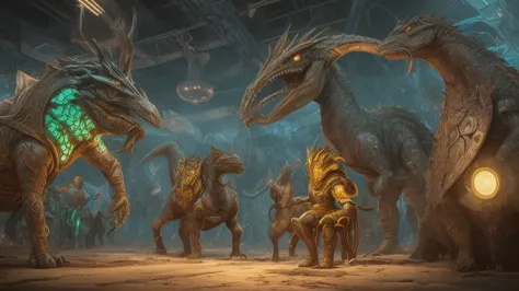 Multiple anthropomorphic reptilian beings with vibrant green scaled skin, seated around futuristic control panel. Yellow glowing...