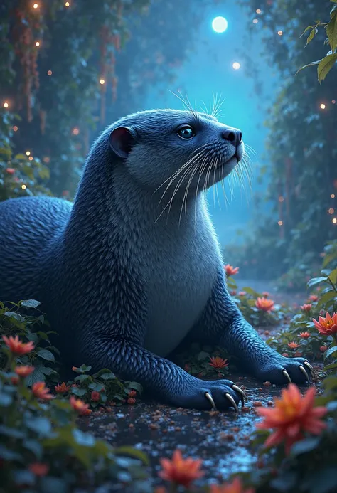 A black charcoal otter with navy blue eyes that gives off a bright aura,  It has sharp claws , is very large in size, is lying w...
