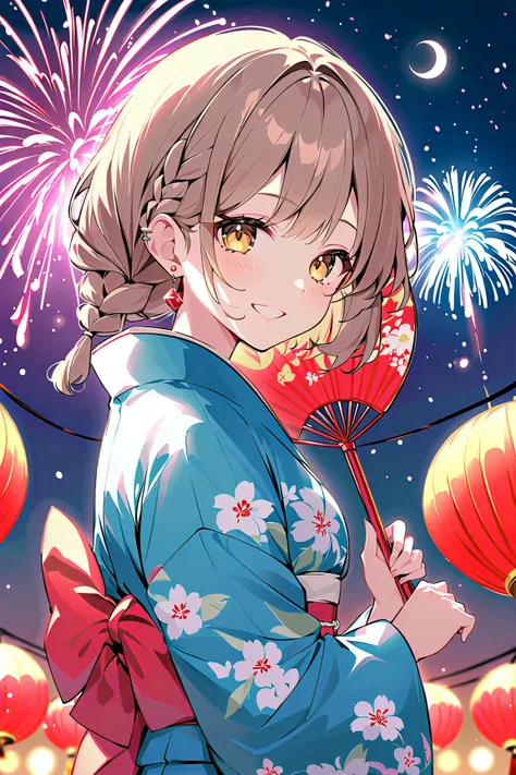 anime girl with short light brown hair in a braid, wearing a traditional blue yukata with floral patterns, holding a red uchiwa ...