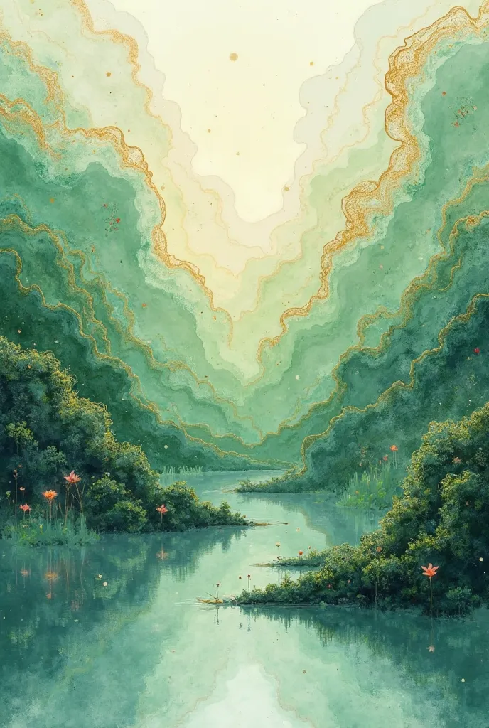 Landscape Abstract sage green and emerald and gold liquid watercolor wallpaper 