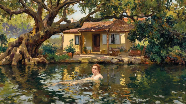 give me a command to focus on a leisurely woman playing in the water of a lake. She lives near a cottage under a large old tree....