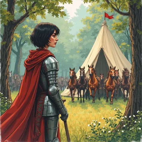 The year is 1431, in France. In a tent in the woods There's a , with short dark hair,  wearing armor. Out here are the horses an...