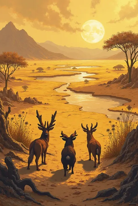 The Drought Begins
Scorched yellow fields, dried-up riverbeds, wilting plants, and worried animals under a blazing sun, dramatic...