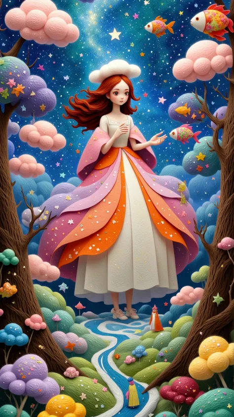 **Dreamspark Princess & Candy Vortex (Shortened):**  

A **starlit girl** with hair of glowing taffy strands and a dress that sh...