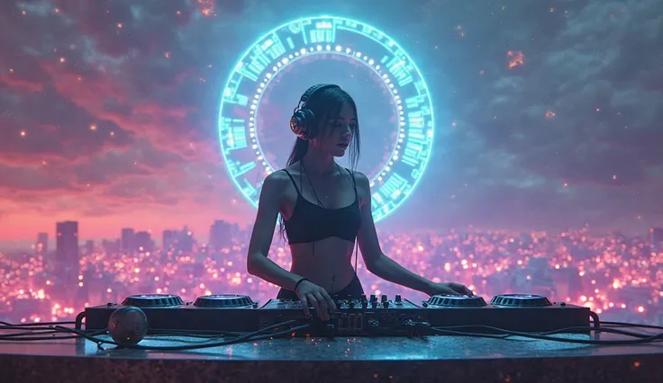Female DJ in blue plays music on another planet
