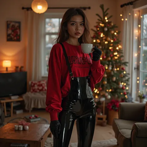 a girl trying a red long-sleeved sweatshirt and white short jeans and shiny black pvc shoes for her full enclosed bodyfit skinti...