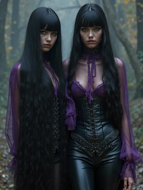 real Rapunzel girls with very long black hair, with bangs in black latex leggings and very transparent purple chiffon blouse, wi...